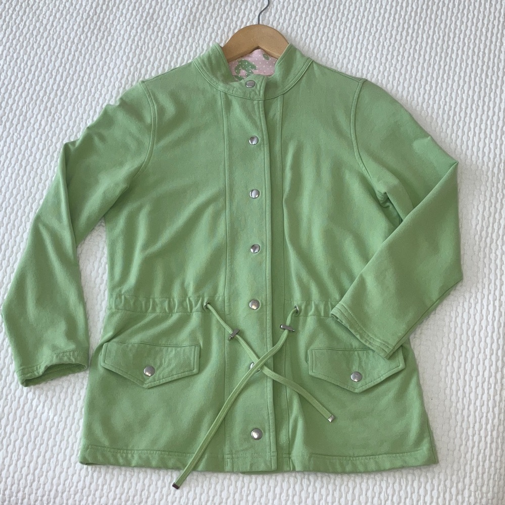 Liz Claiborne long sleeve knit sweater/jacket, snap front closure, green, M